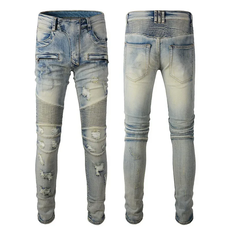 2024 Nuovi Jeans Skinny Blu Per Uomo Multi Pocket Fit Elastic Fashion Brand Taglio Moto High Street Retro Jeans Strappati