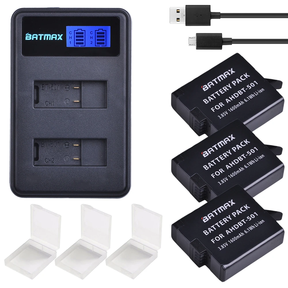 Per 3 Pezzi Gopro 5 / 6 Gopro 2018 Gopro 7 Batteria Akku + Lcd Usb Doppio Caricatore Per Gopro Hero 5 Hero5 Go Pro Accessori