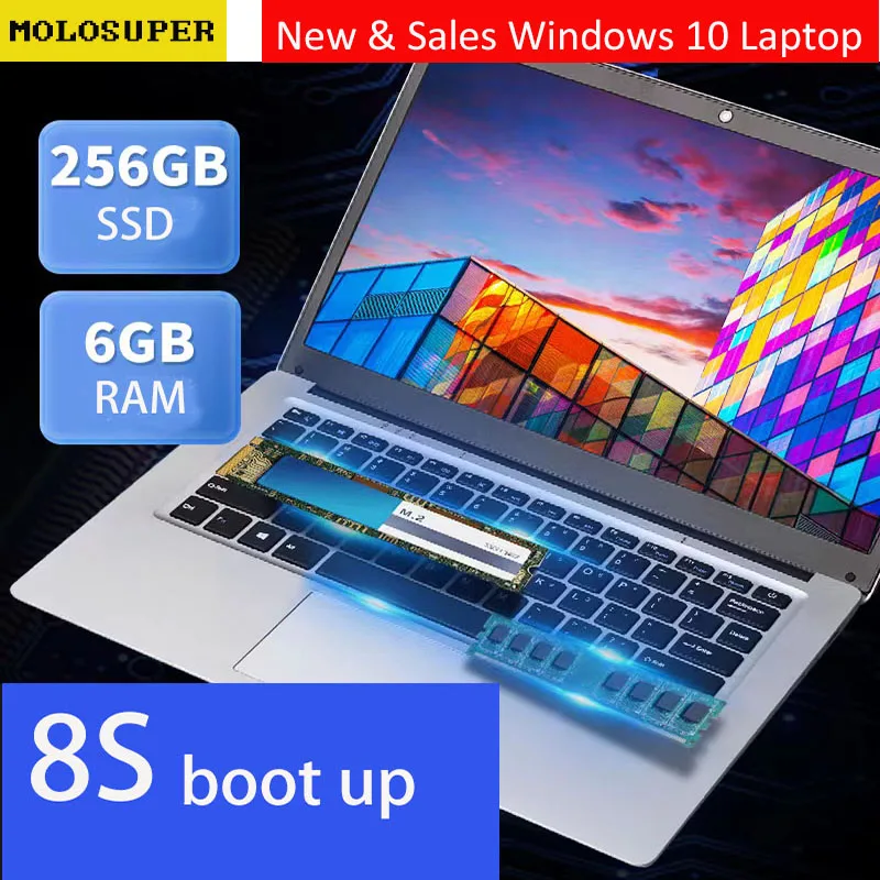 Molosuper Computer Portatili Portatili Da 14 Pollici Pc 6Gb Ram 64Gb + 128Gb/256Gb M.2 Ssd Usb 3.0 Wifi Windows 10 Notebook Da Gioco