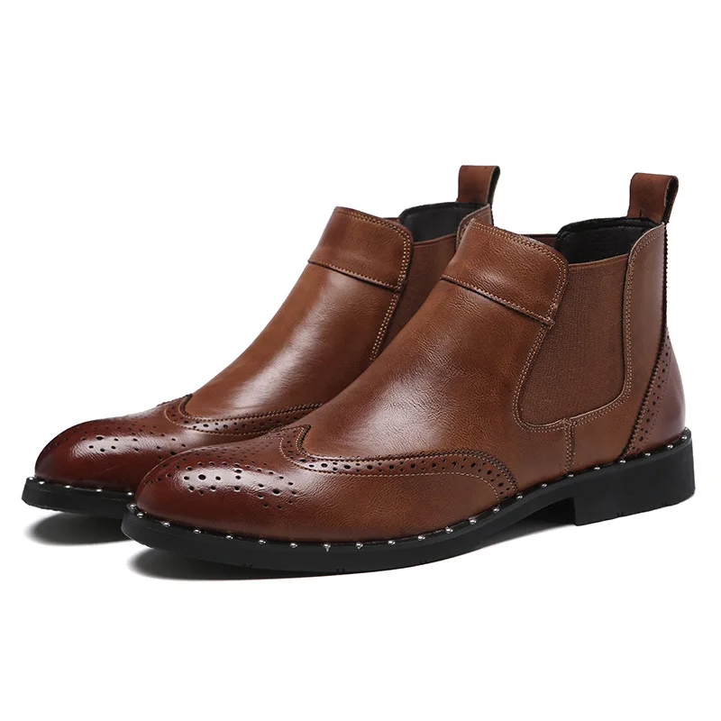 New Fashion Men Party Nightclub Dress Chelsea Boots Rivetti In Pelle Naturale Scarpe Carving Brogue Shoe Bullock Stivaletto Uomo Bota