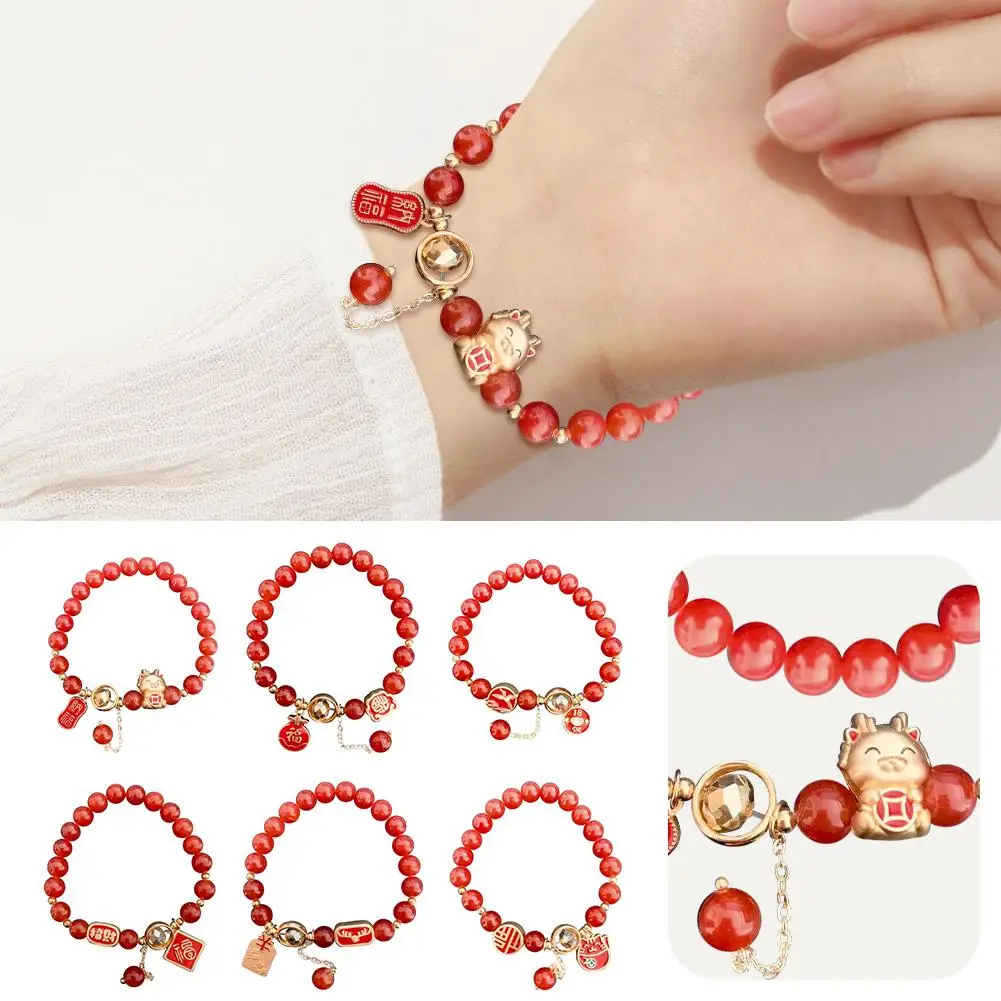 2024 Dragon Year Beads Bracciale Lucky Money Bag Red Glass Dragon Bracciale Per Donna Lovers Friend Jewelry Gifts G0Q0