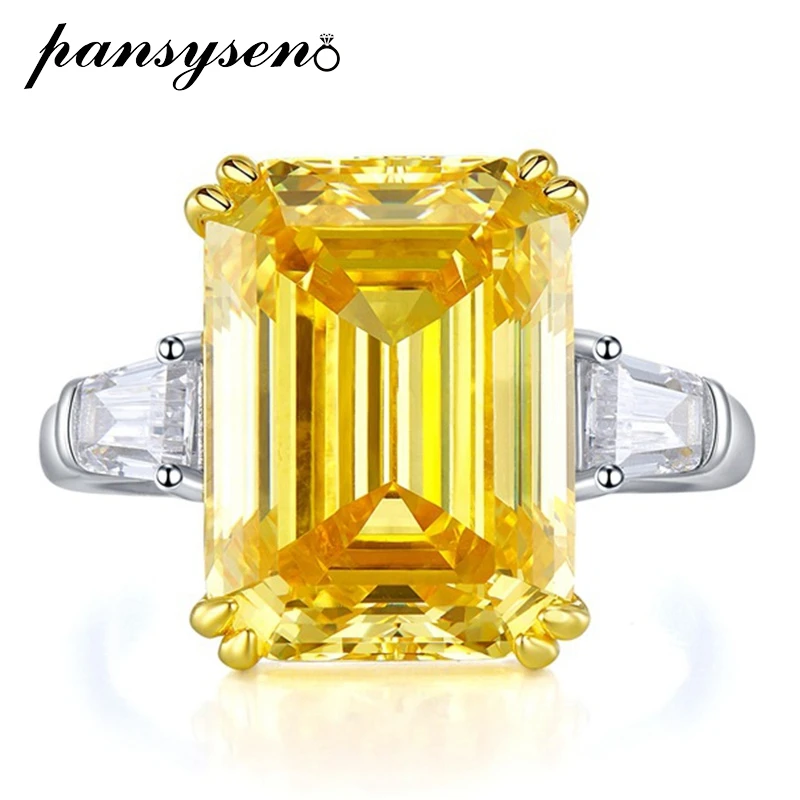 Pansysen 925 Sterling Silver 11X15Mm Asscher Cut Citrine High Carbon Diamond Gemstone Ring 18K White Gold Plated Fine Jewelry