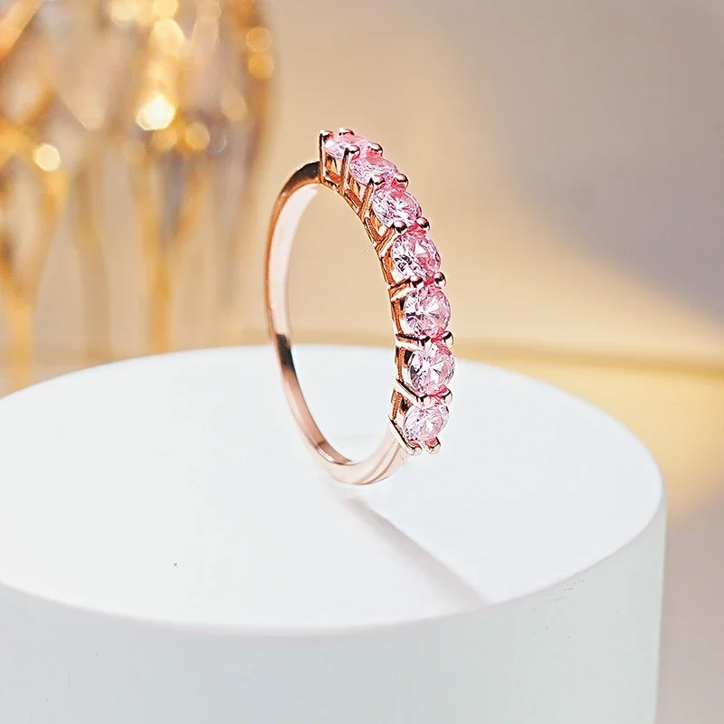 Desire Sweet Pink Diamond 925 Silver Row Diamond Ring Set Con Diamante Ad Alto Tenore Di Carbonio Placcato Oro Rosa, Versatile Per Le Donne