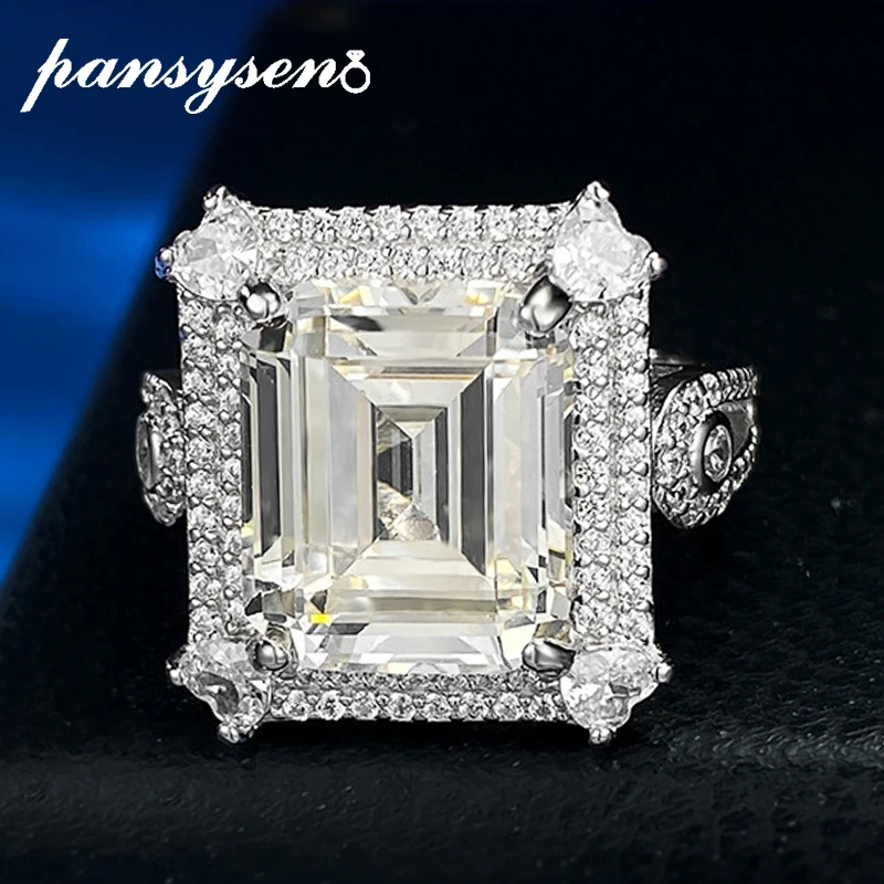 Pansysen 925 Sterling Silver G Color Emerald Cut Sapphire High Carbon Diamond Gemstone Ring 18K White Gold Plated Fine Jewelry