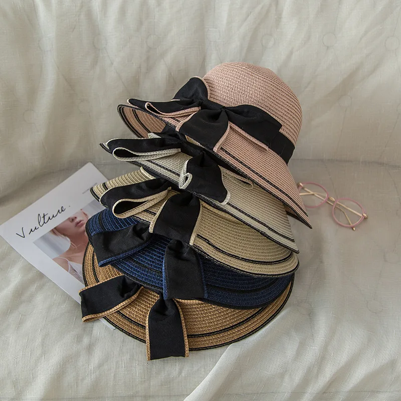 Nuovo Cappello Di Paglia Pieghevole Da Donna Bowknot Ribbon Lace Up Large Brim Outdoor Summer Sun Hats Ladies Floppy Kentucky Derby Party Dressy