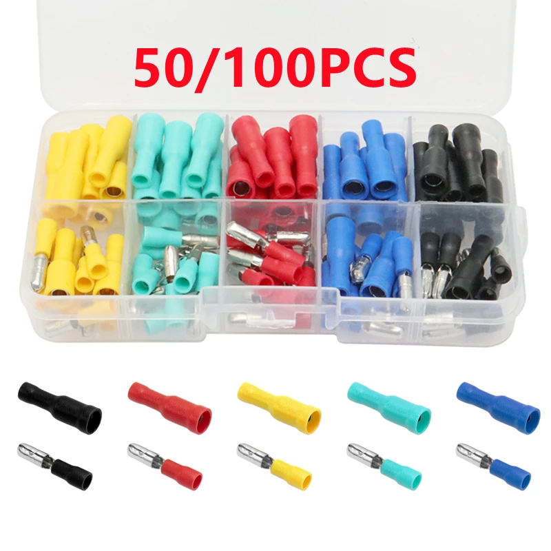 50/100 Pcs Cablaggio Audio A Colori Misti Connettori Elettrici Isolati Femmina E Maschio Terminali A Proiettile A Crimpare Frd/Mpd 22 ~ 16 Awg