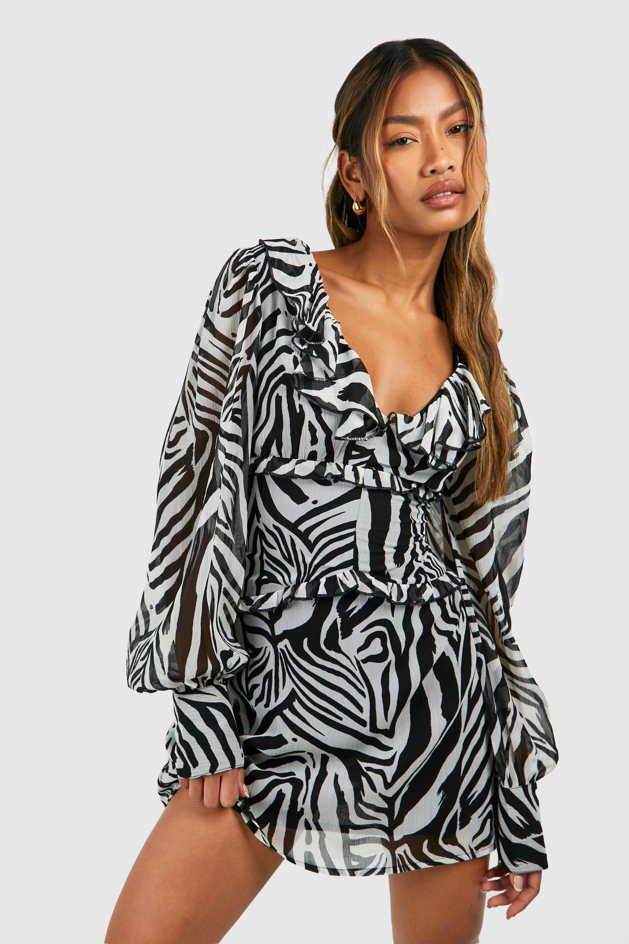 Zebra Chiffon Ruffle Skater Dress, Multi