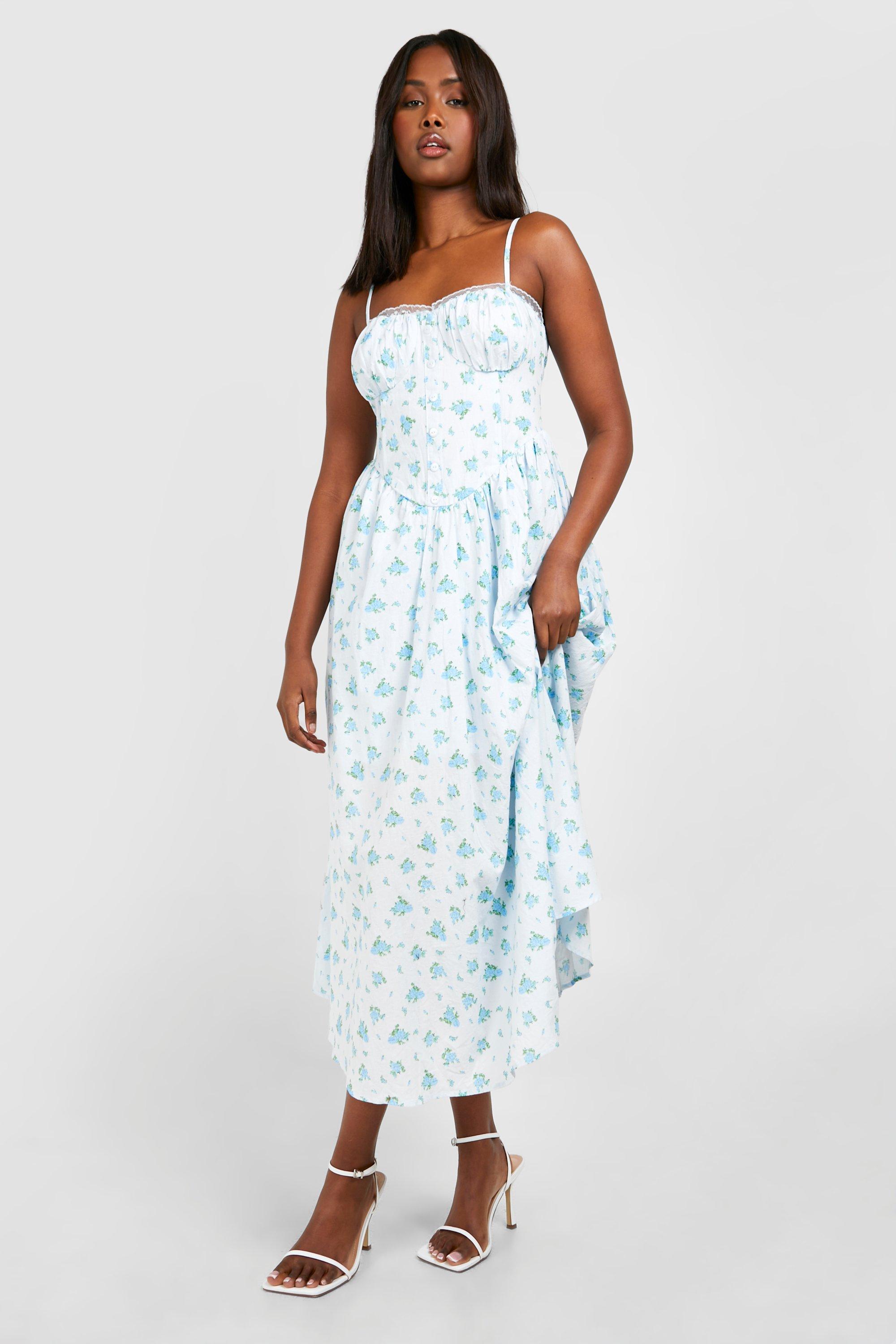 Ditsy Floral Strappy Milkmaid Midaxi Dress, Azzurro
