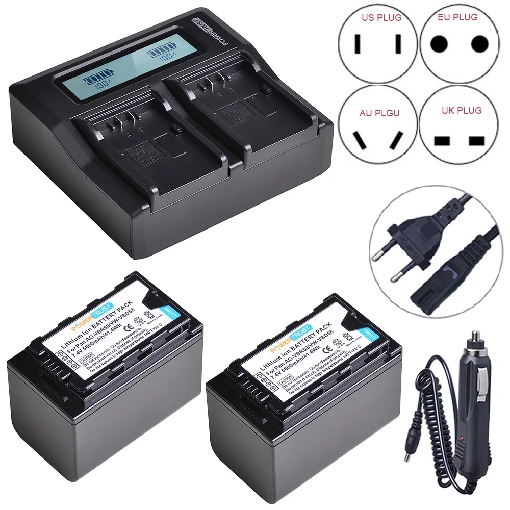 Batterie Vw-Vbd58 E Caricatore A Doppia Baia Per Panasonic Ag-Vbr59,Bgh1,Hc-X1 X1500,Hc-Mdh3E,Aj-Px270,Ag-Cx10 Cx350 Ux180 Ac30 Ux90