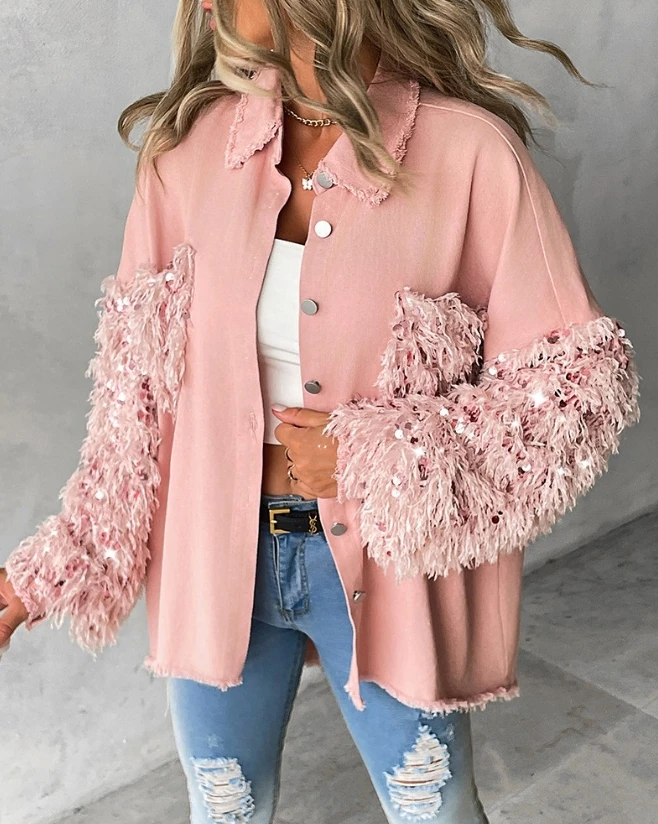 Contrasto Paillettes Nappa Design Fuzzy Patchwork Shacket 2023 Nuove Donne Autunno Inverno Colletto Rovesciato Manica Lunga Abbigliamento Casual