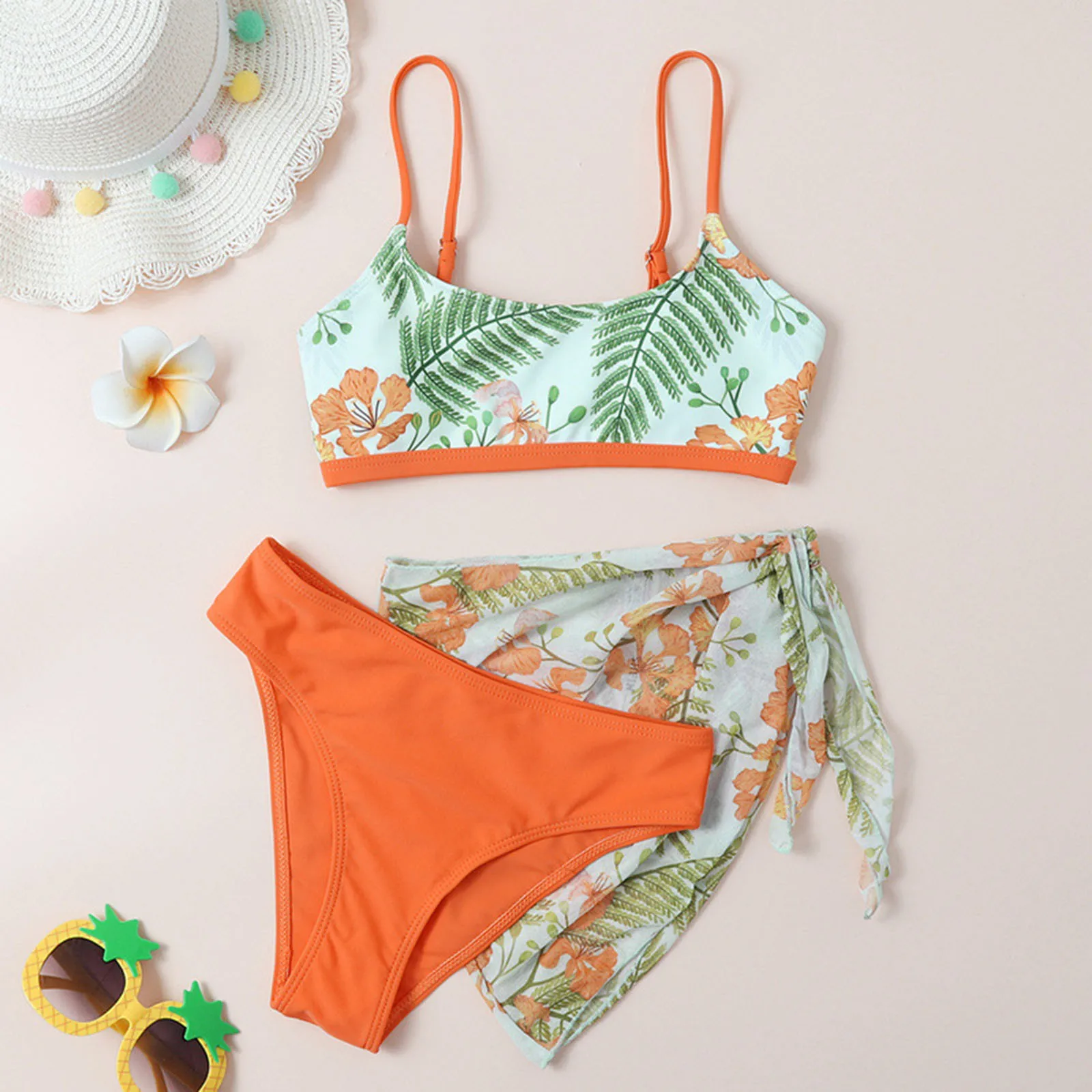 Leaf Print Girls Swimwear Bikini For Kids Dropshipping Bambini 3 Pezzi Costume Da Bagno Cover Up Set Teens Costume Da Bagno Biquini