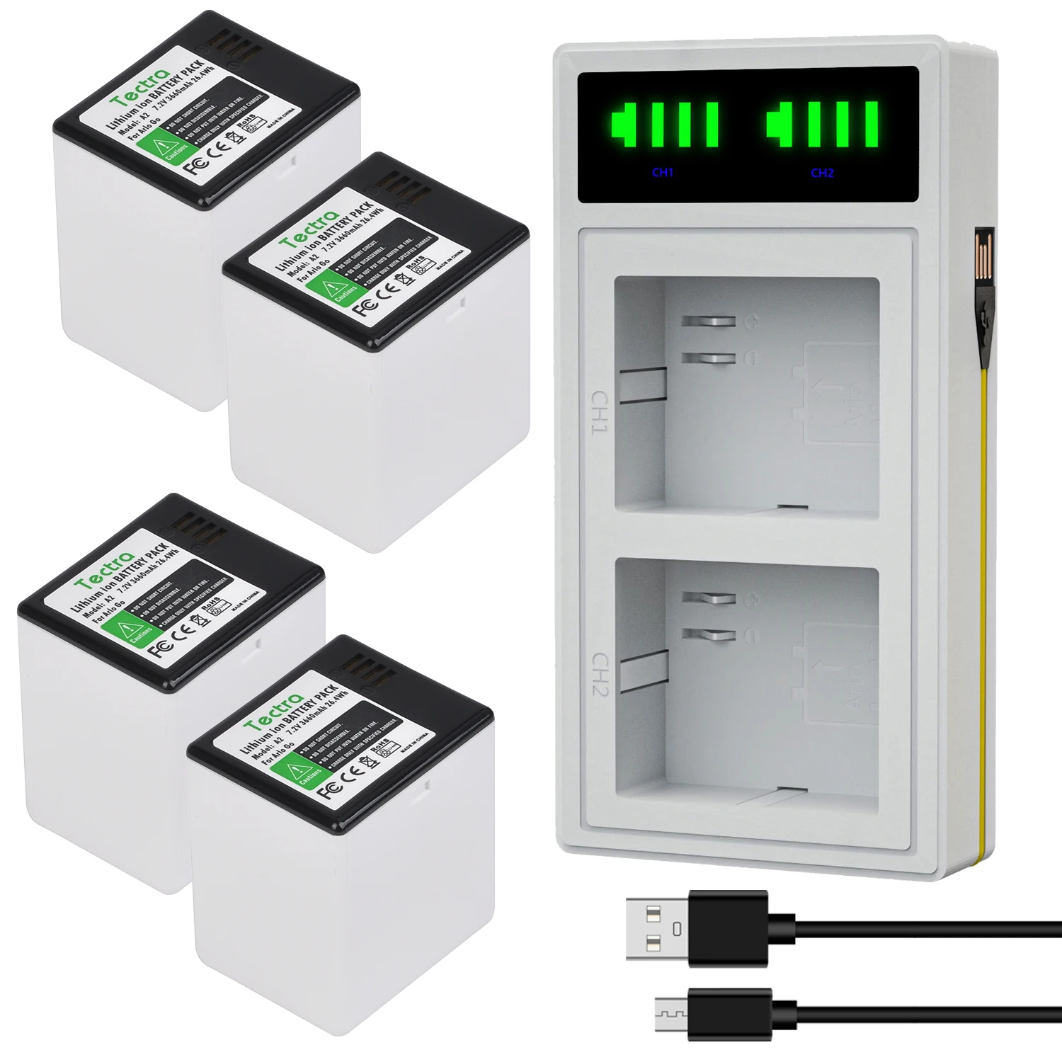 7.2V 3660Mah A2 A-2 Batteria Ricaricabile Agli Ioni Di Litio + Led Usb Dual Fast Charger Compatibile Con Batteria Arlo Go-Vma4410/ Arlo Go 2