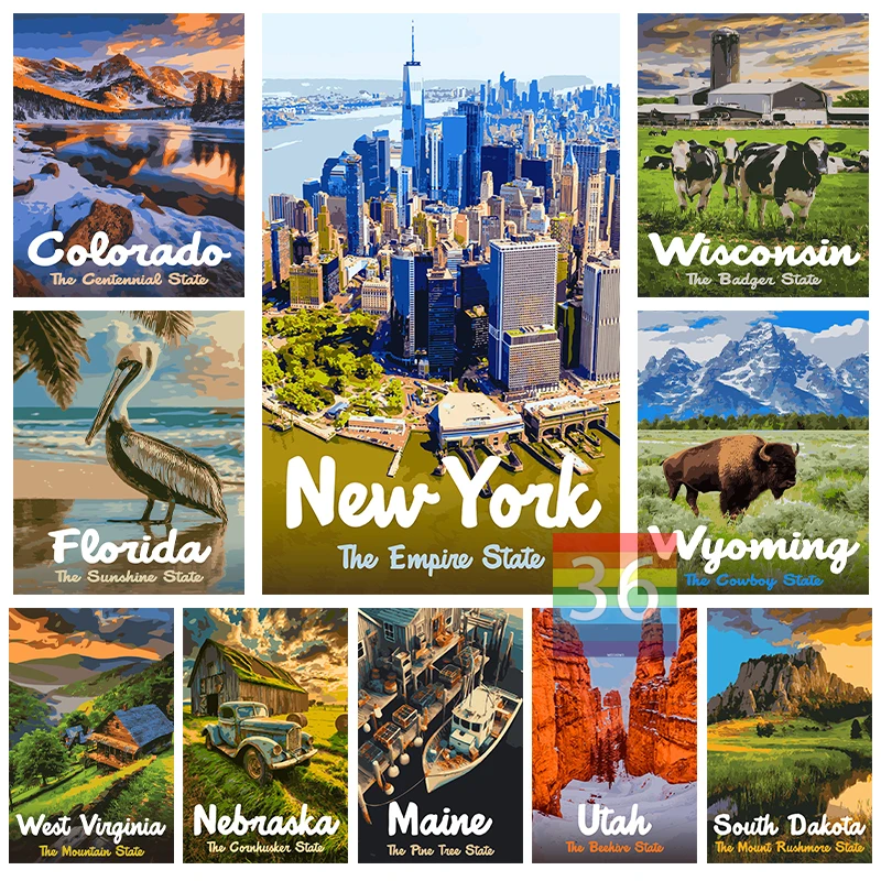 Florida Utah Maine America Fifty States Vintage Style Artwork Canvas Print Usa Wall Art States Negli Stati Uniti Art Poster