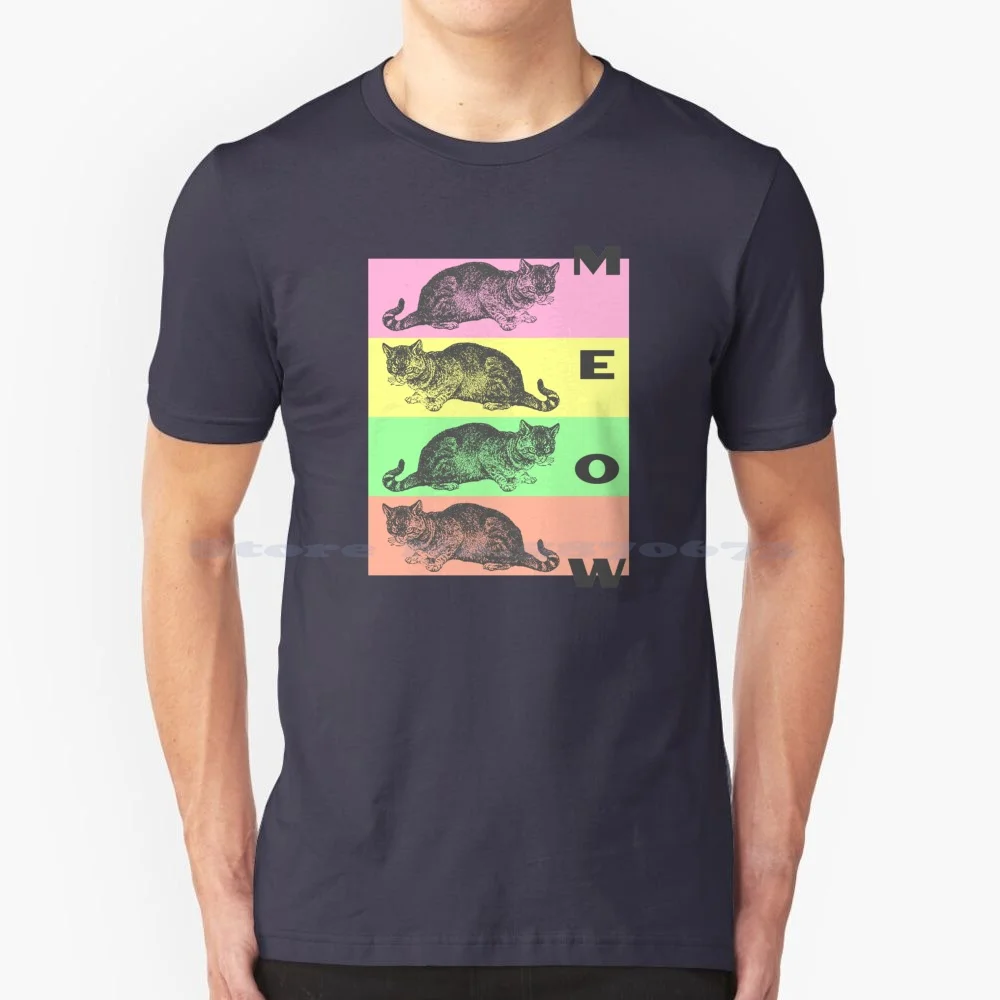 Meow T Shirt 100% Cotone Tee Graphic Kitties Kitty Cat Kit Kat Meow Mew Purr Pastel Rainbow Stripes Cute Sweet Fun Color