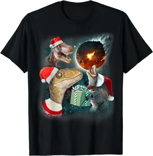 Three Rex Moon 3 Dinos Howling Strana Maglietta Meme Di Natale Malese Maniche Lunghe O Corte