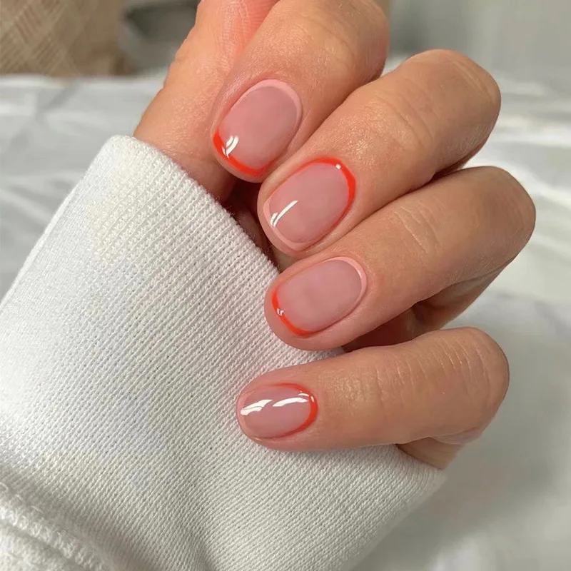 Orange Pink Line Hit Color French Wearable Nail Art Cute Short Fake Nail Staccabile Finito False Art Nail Press On Nails Woman