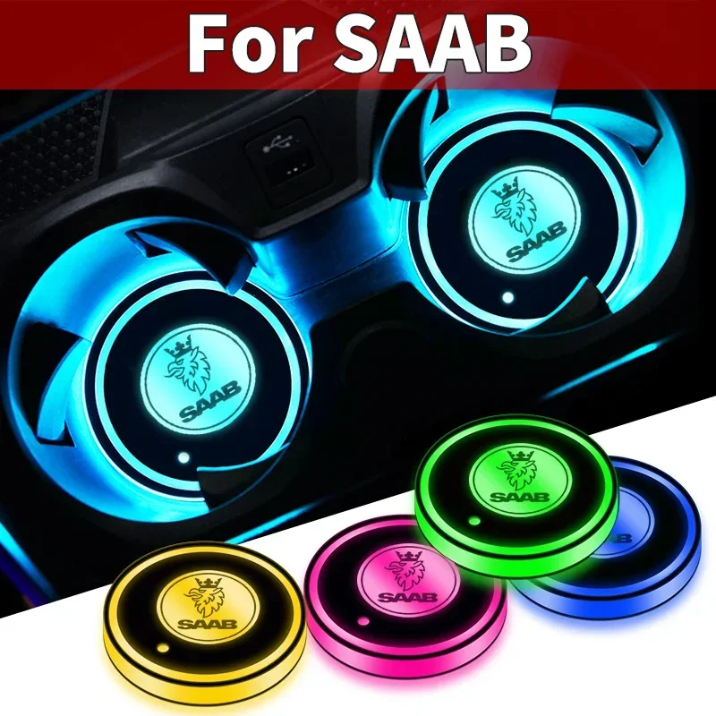 2Pcs Led Car Logo Lights Portabevande Sottobicchiere Luminoso Luce Per Saab Scania 9-3 93 9-5 9 3 9000 9 5 Emblem Accessori Per Auto