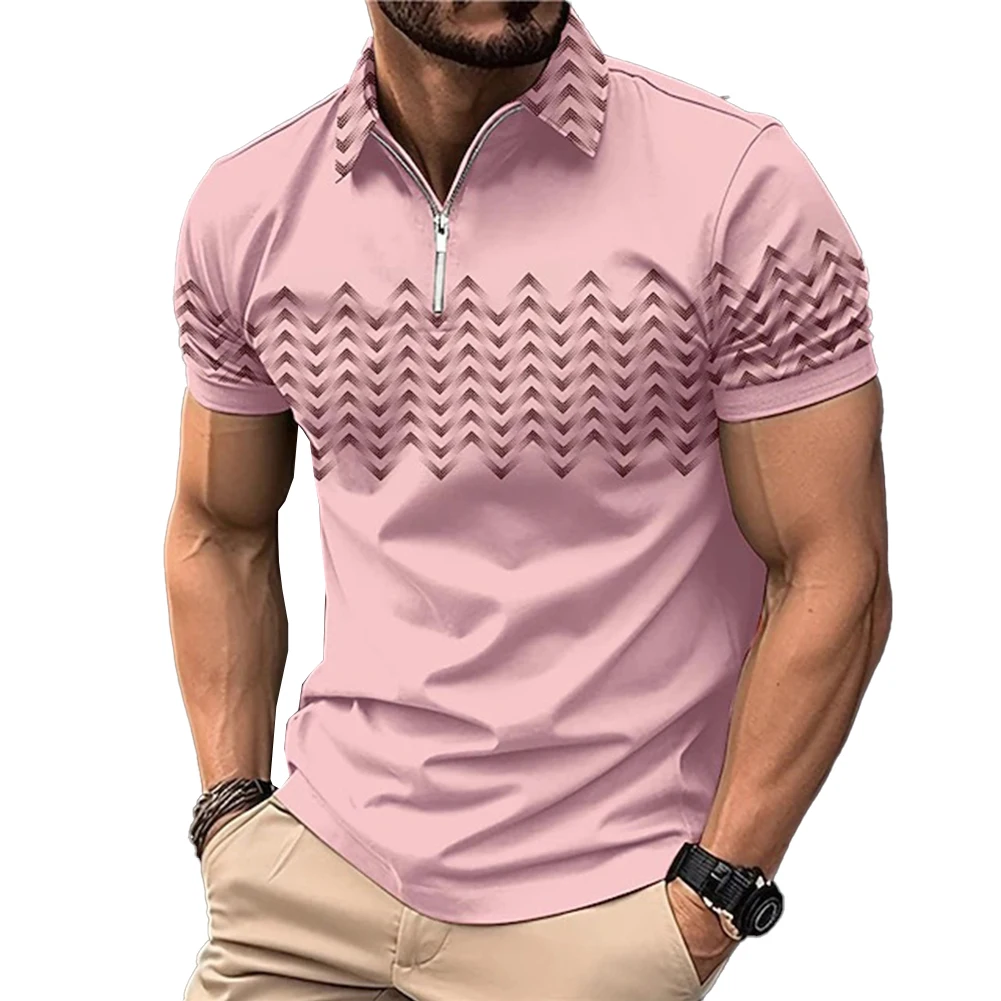 Uomo Top Top Camicetta Casual Mens Muscle Manica Corta T Shirt Tee Waves Print Zip Collar For Men Ampiamente Applicabile