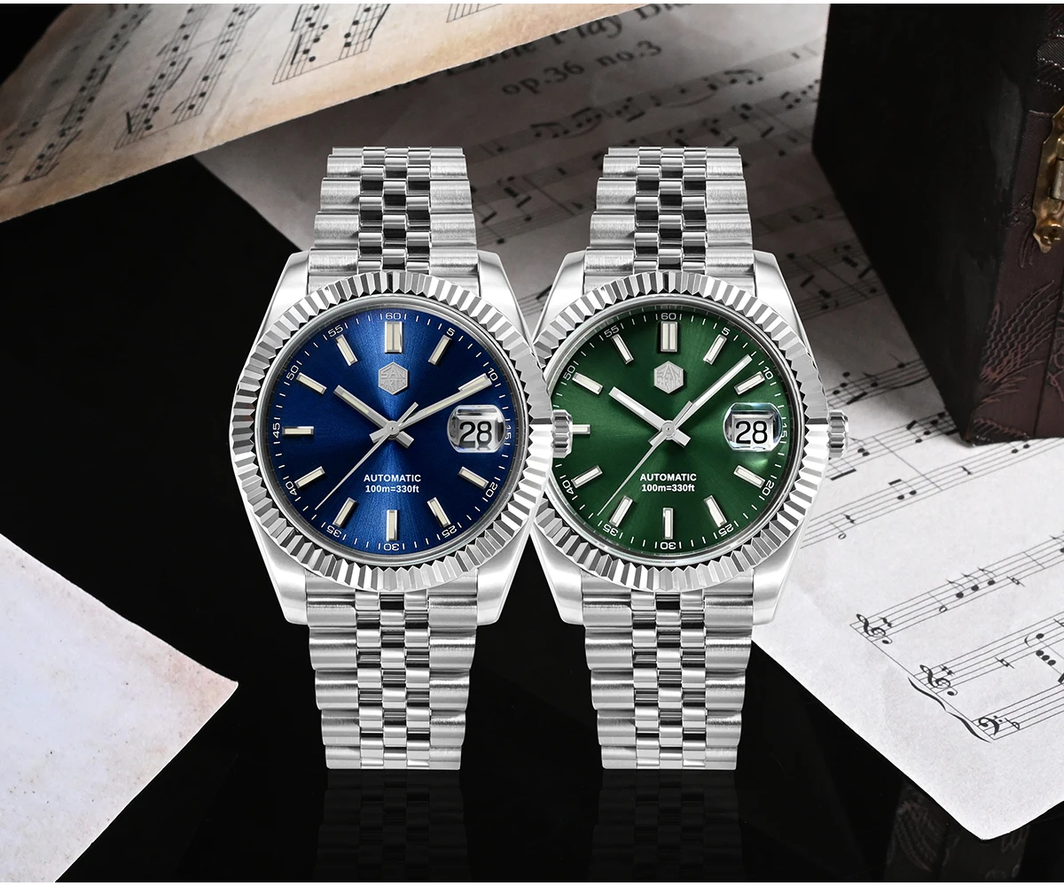 San Martin Men Dress Watch Jubilee Bracelet Retro Classic Luxury Automatic Mechanical Watches Sapphire Ps Waterproof 100M