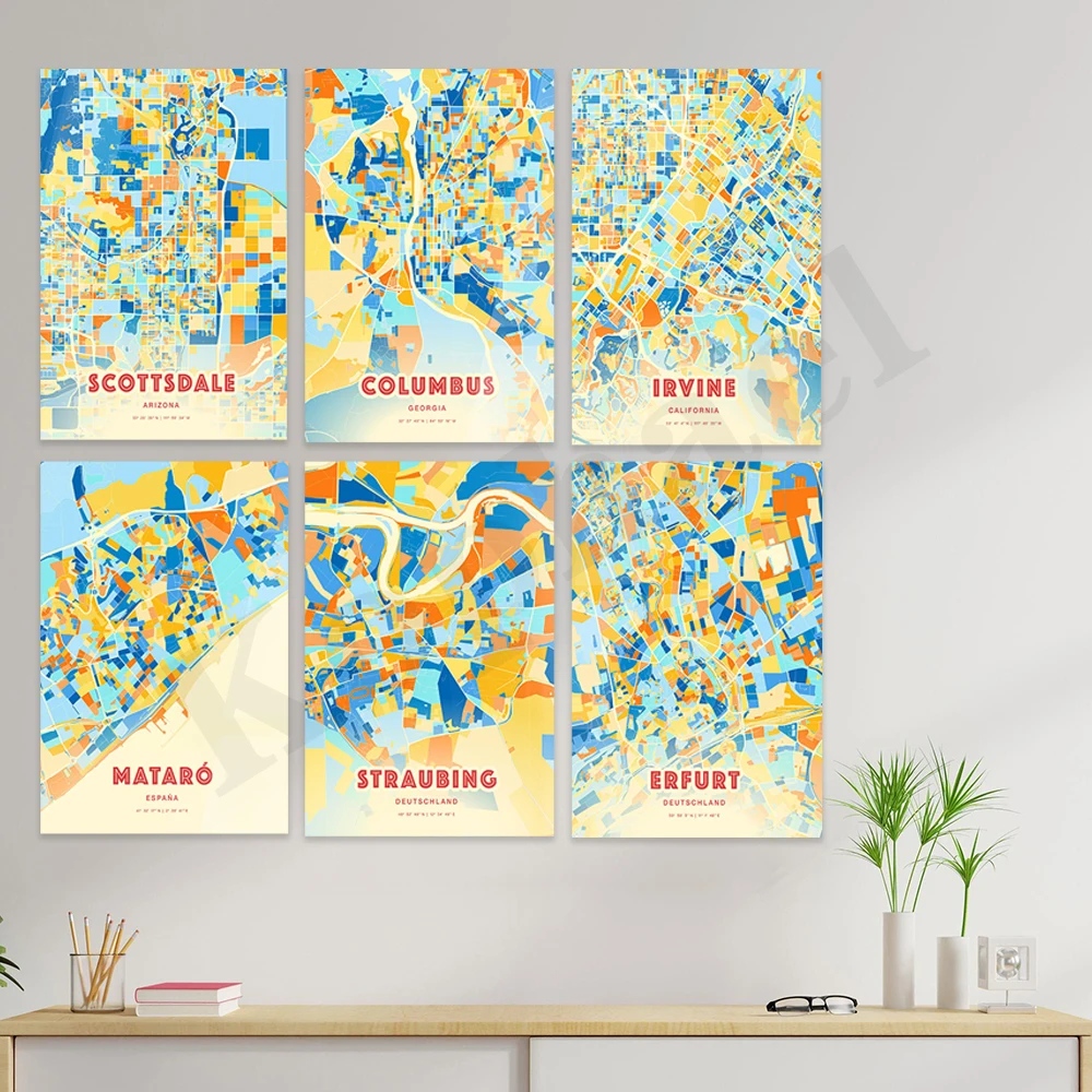 Spremiagrumi, Verme, Volano, Stuttgart, Straubing, Mataro, Irvine, Columbus, Scottsdale, Warsaw. Poster Della Mappa Dei Colori Della Città