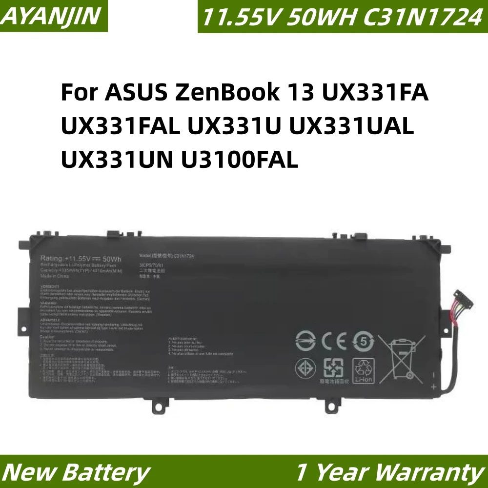 Batteria Per Laptop C31N1724 11.55V 50Wh Per Asus Zenbook 13 Ux331Fa Muslimexux331U Ux331Ual Ux331Un U3100Fal
