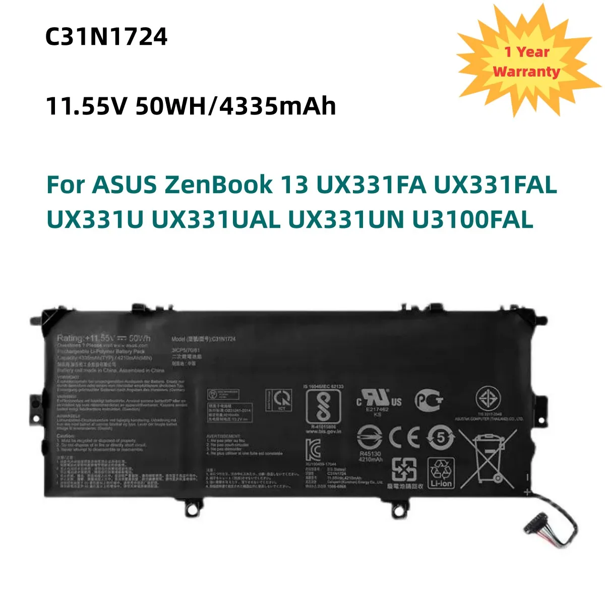 Batteria Per Laptop C31N1724 Per Asus Zenbook 13 Ux331Fa Muslimatux331U Ux331Ual Ux331Un U3100Fal 11.55V 50Wh