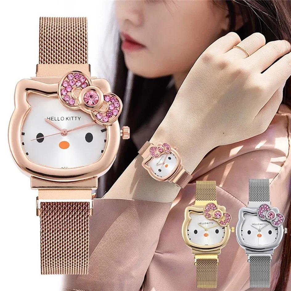 Kawaii Hello Kitty Watch Metal Vintage Diamond Bow Ladies Watch Kawaii Girl Birthday Cartoon Anime Student Magnet Strap Watch