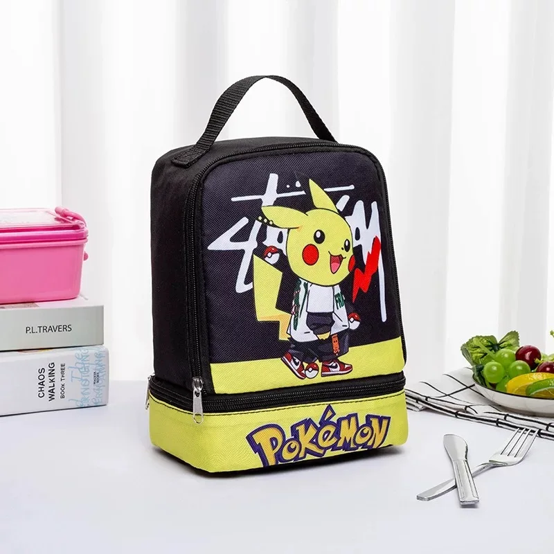 New Pokemon Anime Bag Pikachu Portable Lunch Box Bag Snack Milk Fruit Storage Bag Creative Doublelayer Kids Lunch Bag