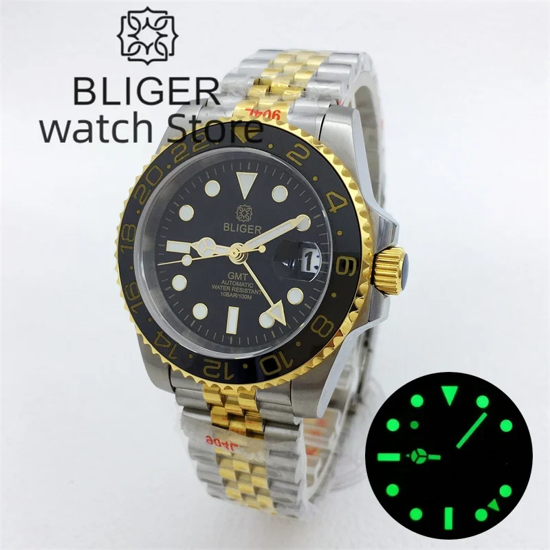 Bliger 40Mm Rootbeer Gmt Nh34 Orologio Automatico Per Uomo Quadrante Nero Vetro Zaffiro Luminoso Braccialetto Con Cassa In Oro Bicolore Di Lusso