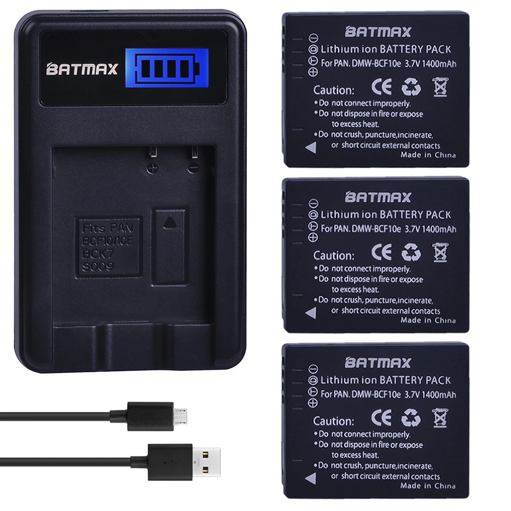 3 Pz Batterie + Lcd Sub Caricabatterie Per Panasonic Lumix Dmw-Bcf10, Dmw-Bcf10E, Dmw-Bcf10Pp, Cga-S/106B, F2, Dmc-F3, Fh1