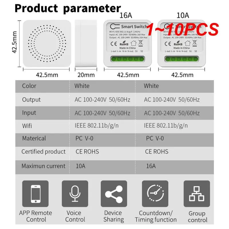 1 ~ 10Pcs Tuya 16A Mini Wifi Switch 2-Way Remote Control Timer Relay Automation Per Smart Life Funziona Con Alexa Home