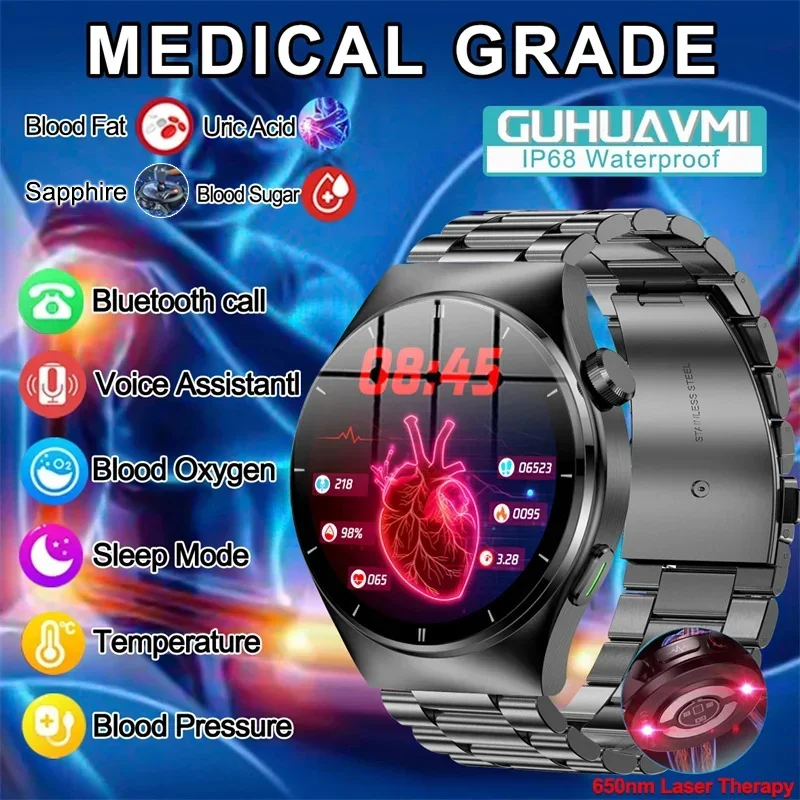 New Laser Therapy Blood Glucose Blood Lipid Blood Pressure Smart Watch Men Acido Urico Cardiofrequenzimetro Smartwatch 2024