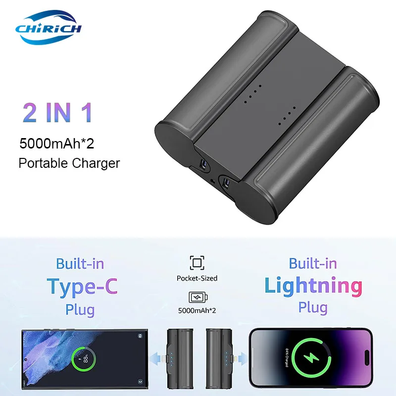 Power Bank Ultra-Compatto 5000Mah X2 Caricabatterie Staccabile Powerbank Tipo C Lighting Battery Pack Per Iphone Samsung Android Xiaomi