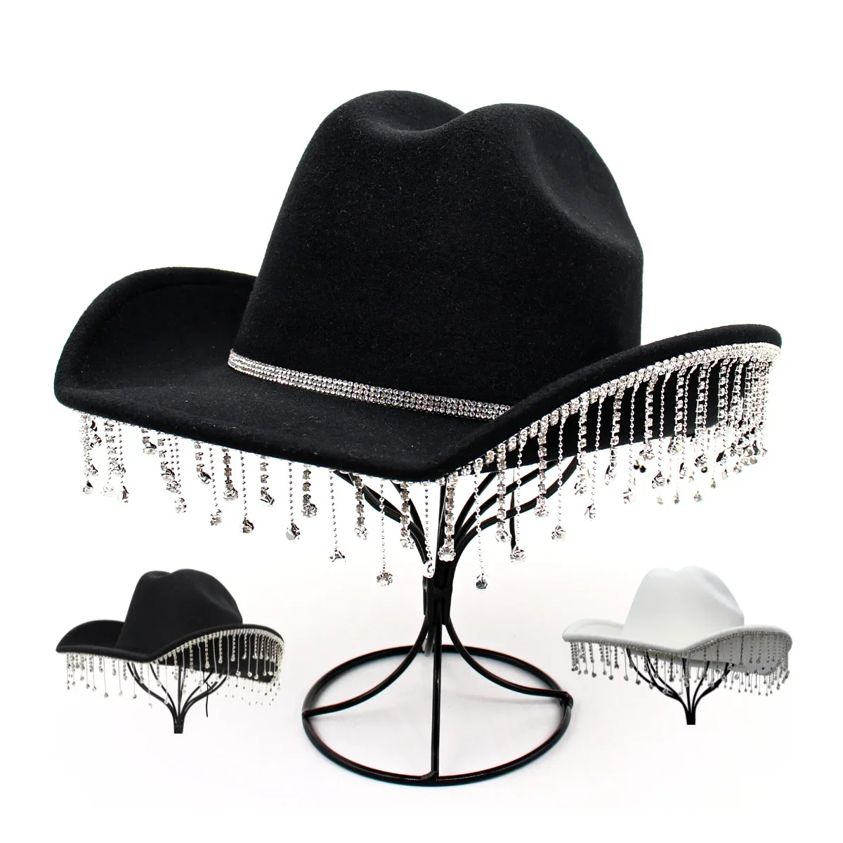 Cappello Da Cowboy Della Donna Di Diamanti Di Colore Fluorescente Di Colore Fluorescente Cappello Da Cowboy Carnevale Con Frange Nero Cappello Da Cowg