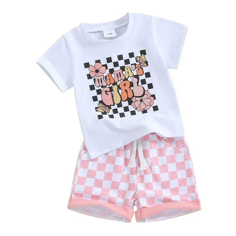 Mamas Girl Baby Girl Outfit T-Shirt Manica Corta Scacchiera Short Set Toddler Infant Summer Clothes