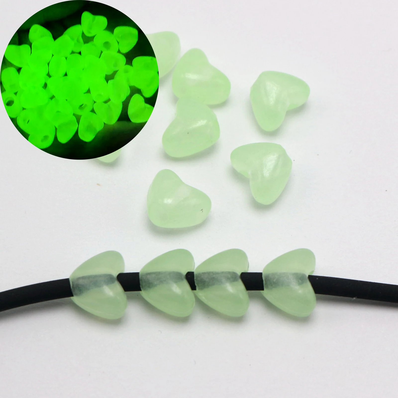 100 Acrylic Luminous Love Heart Beads 11Mm Glow In The Dark Big Hole 4Mm