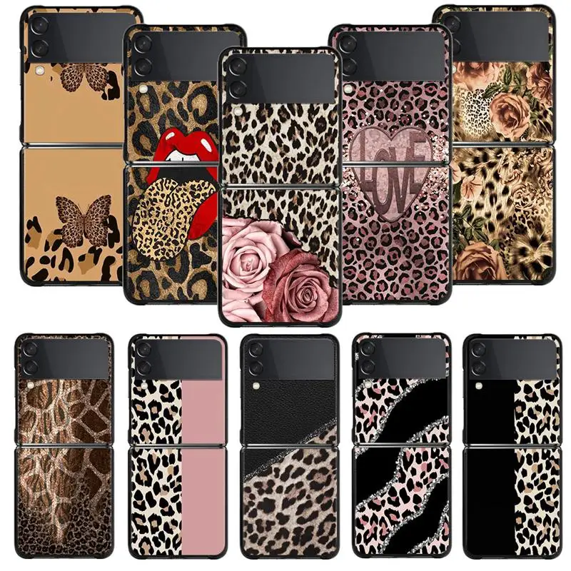 Leopard Pattern Pink Rose Love Mouth Kiss Phone Shell Per Samsung Galaxy Z Flip 4 Z Flip3 5G Custodia Per Galaxy Z Flip Hard Cover