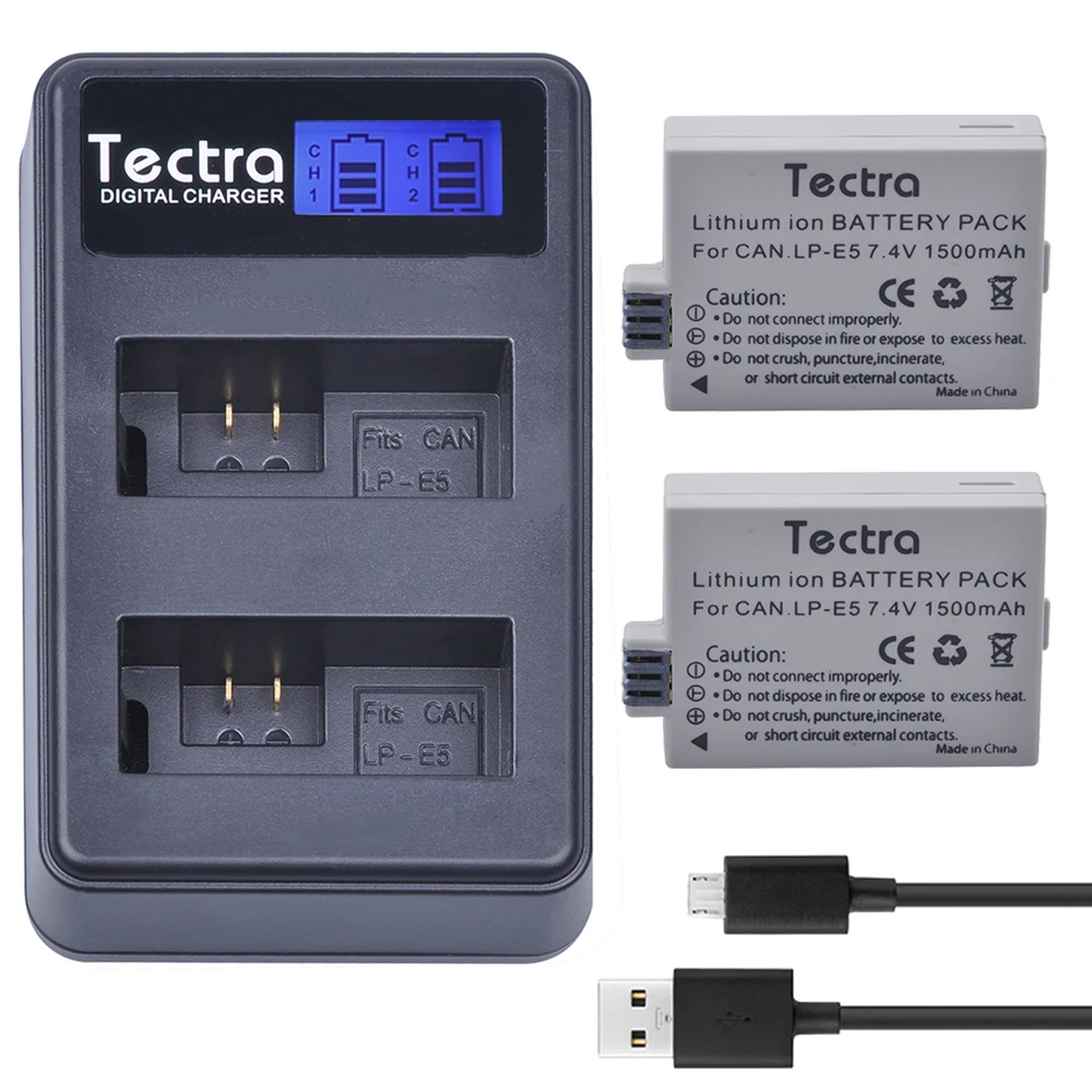 Tectra 2 Pz Lp-E5 Lpe5 Battery + Lcd Usb Doppio Caricatore Per Canon Eos Rebel Xs Rebel T1I Rebel Xsi 1000D 500D 450D Kiss X3 Bacio