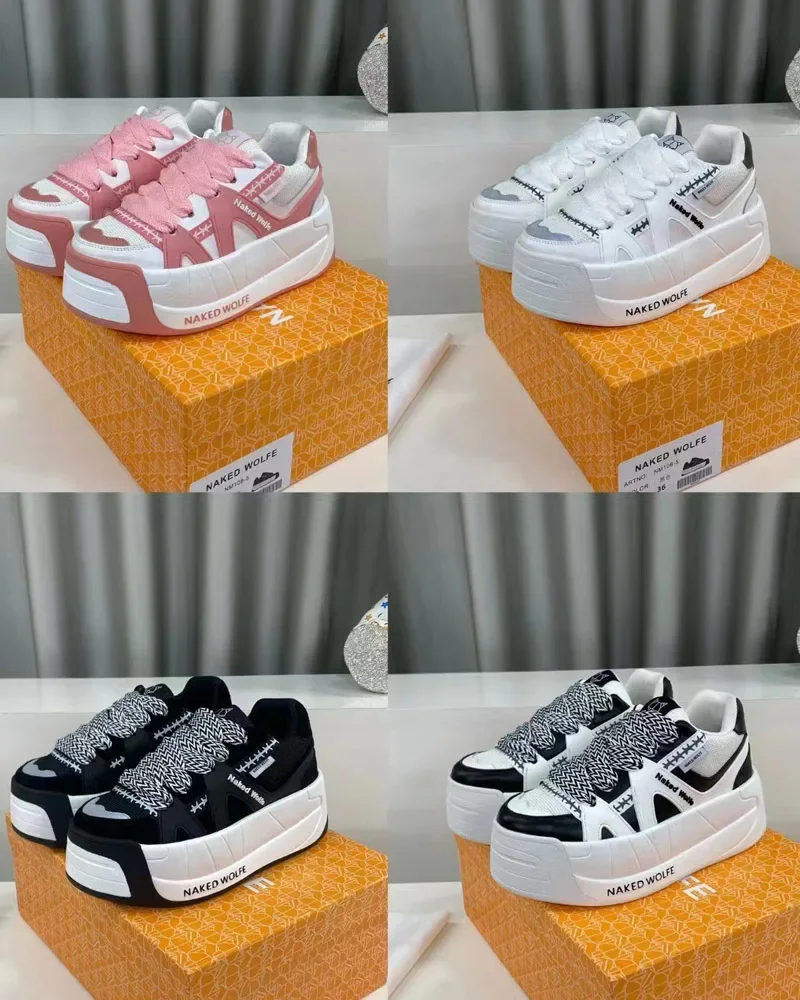 Donne Fashion Designer Naked Wolfe Lace-Up Leather Suede Mesh Platform Trainers Ound Toe Suola A Contrasto 3D Bubble Logo Placca