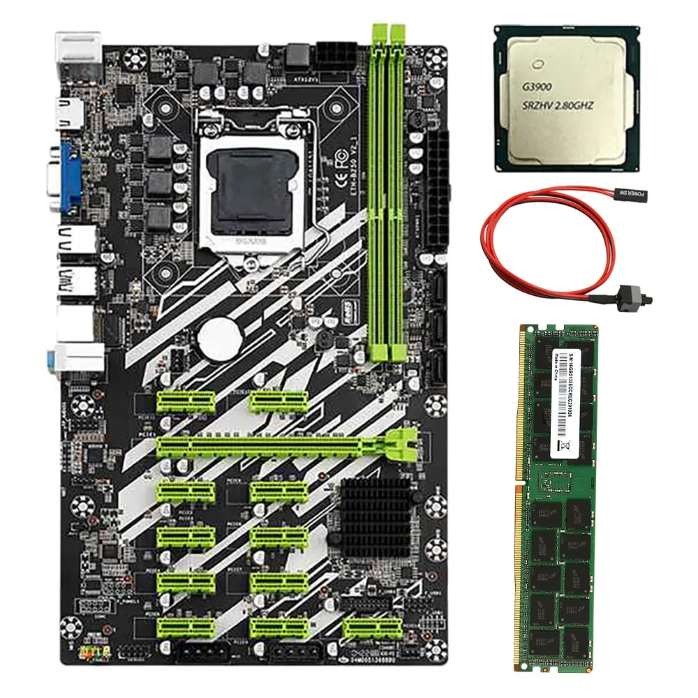 B250 Btc Mining Motherboard Set Con Cpu G3900 + 8G Ddr4 Ram + Cavo Switch 12 Slot Pci-E Lga1151 Ddr4 Ram Sata3.0 Usb3.0