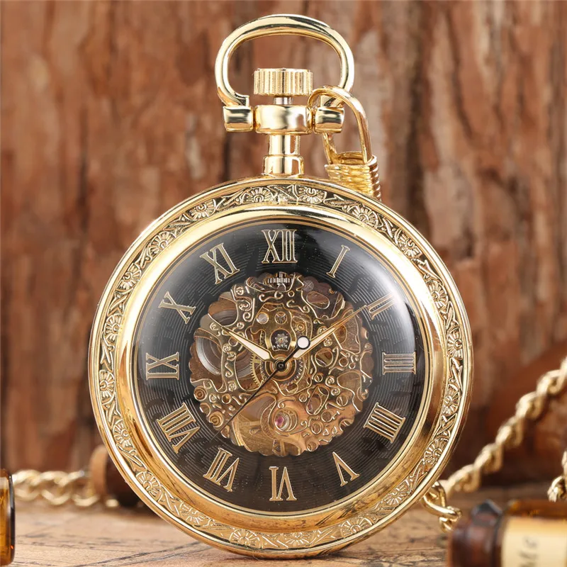 Orologio Da Tasca Dorato Giallo Di Lusso Con Display Del Numero Romano Orologio Automatico Meccanico Per Uomo Fob Chain Watches Collectable Reloj
