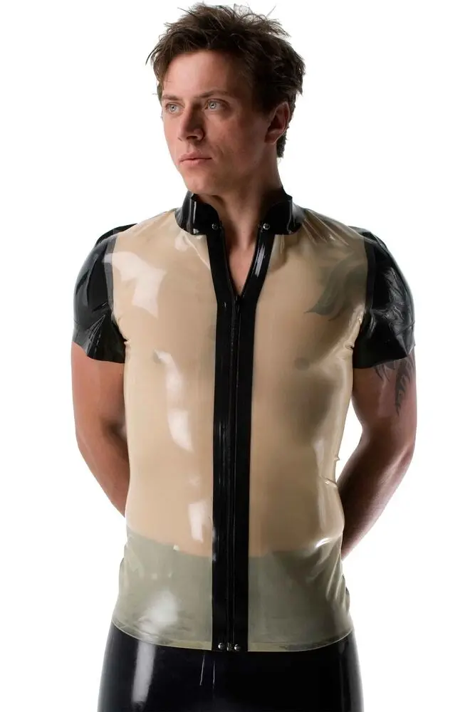 Fashion Argento Latex Top Nero Con Finiture Trasparenti Cosplay Party Club Zentai Body 0.4Mm