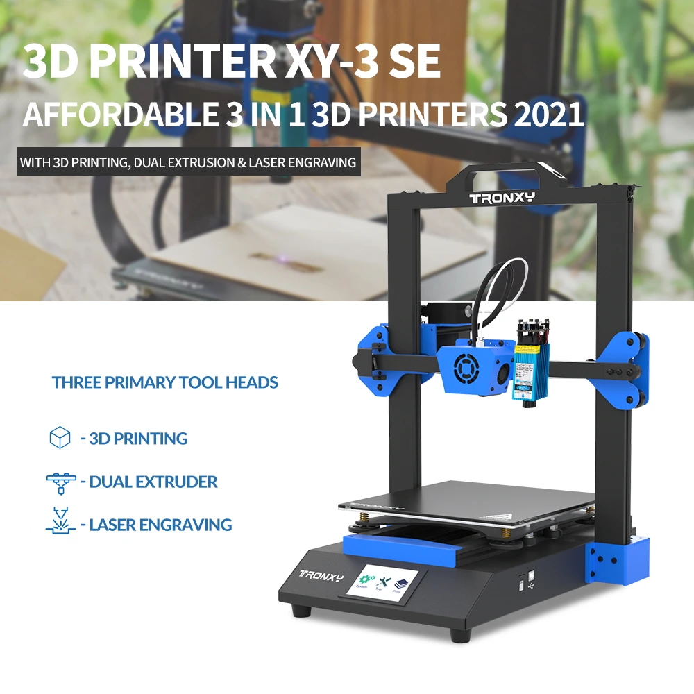 Tronxy Xy-3 Se 255*255 Silenzioso Singolo Doppio Estrusore Incisione Laser Assemblaggio Veloce Stampante 3D Doppia Piastra Di Vetro Del Motore Z