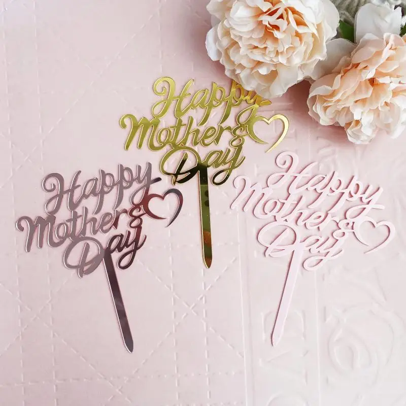 New Mothers Day Birthday Cake Topper Gold Simple Design Acrilico Mom Party Cake Topper Happy Mother'S Day Gift Dessert Decoration