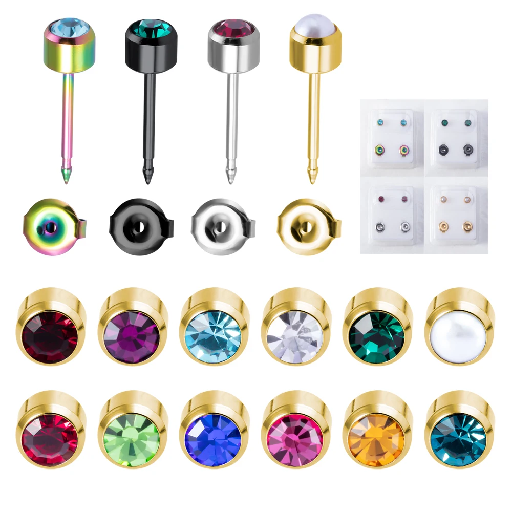 1 Pair Cz Gem Sharp End Earring Studs For Piercing Gun Surgical Steel Birthstone Ear Piercing Ear Tragus Cartilage Stud Earrings
