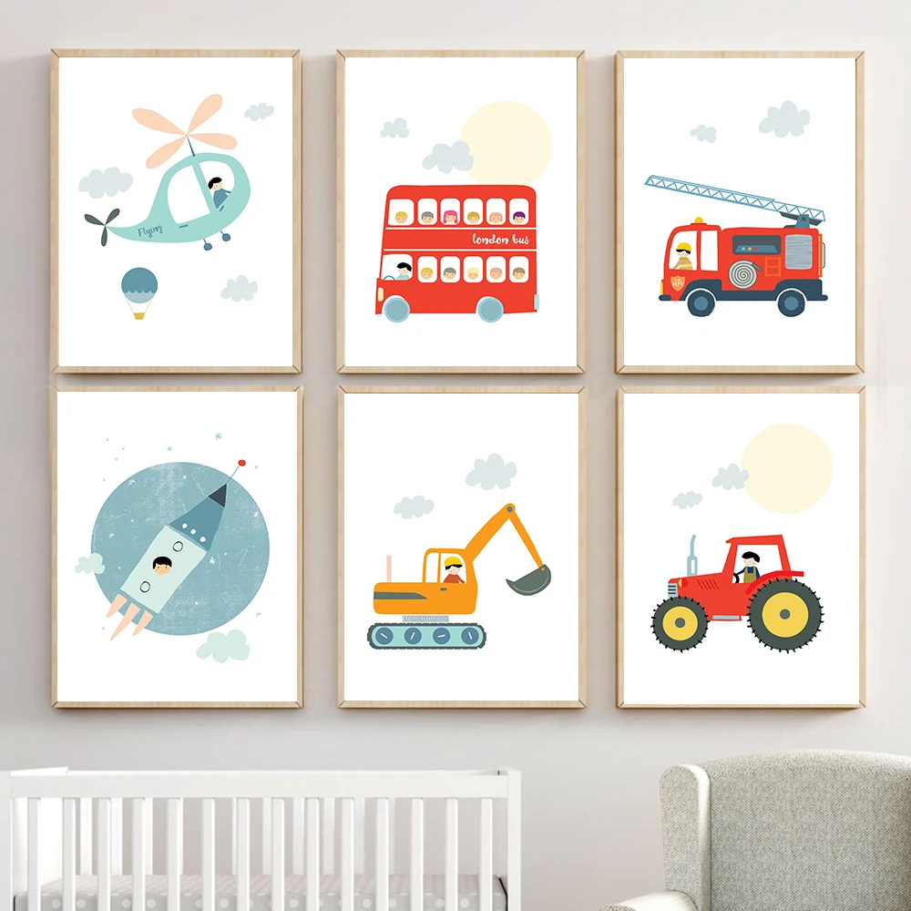 Bus Digger Rocket Helicopter Poster Toy Car Wall Art Canvas Trasporto Stampa Nursery Acquerello Pittura Nordic Boy Room