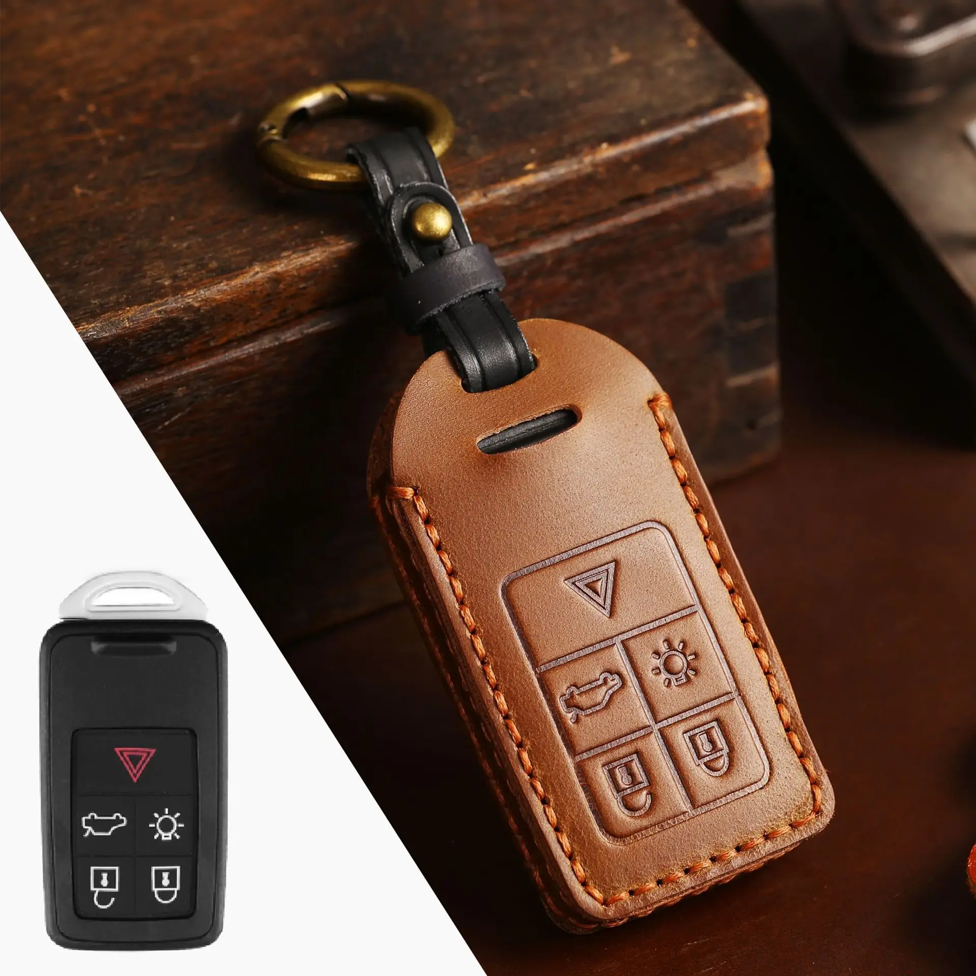 Crazy Horse Leather Car Key Case Cover Fob Shell Per Volvo S60 S80 V60 Xc60 Xc70 S60L S80L V40 Xc90 Accessori Auto