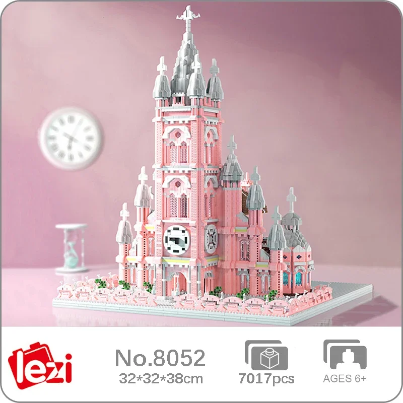 Lezi 8052 World Architecture Danang Cathedral Pink Church Clock Tower Palace Diy Mini Diamond Blocks Mattoni Building Toy No Box