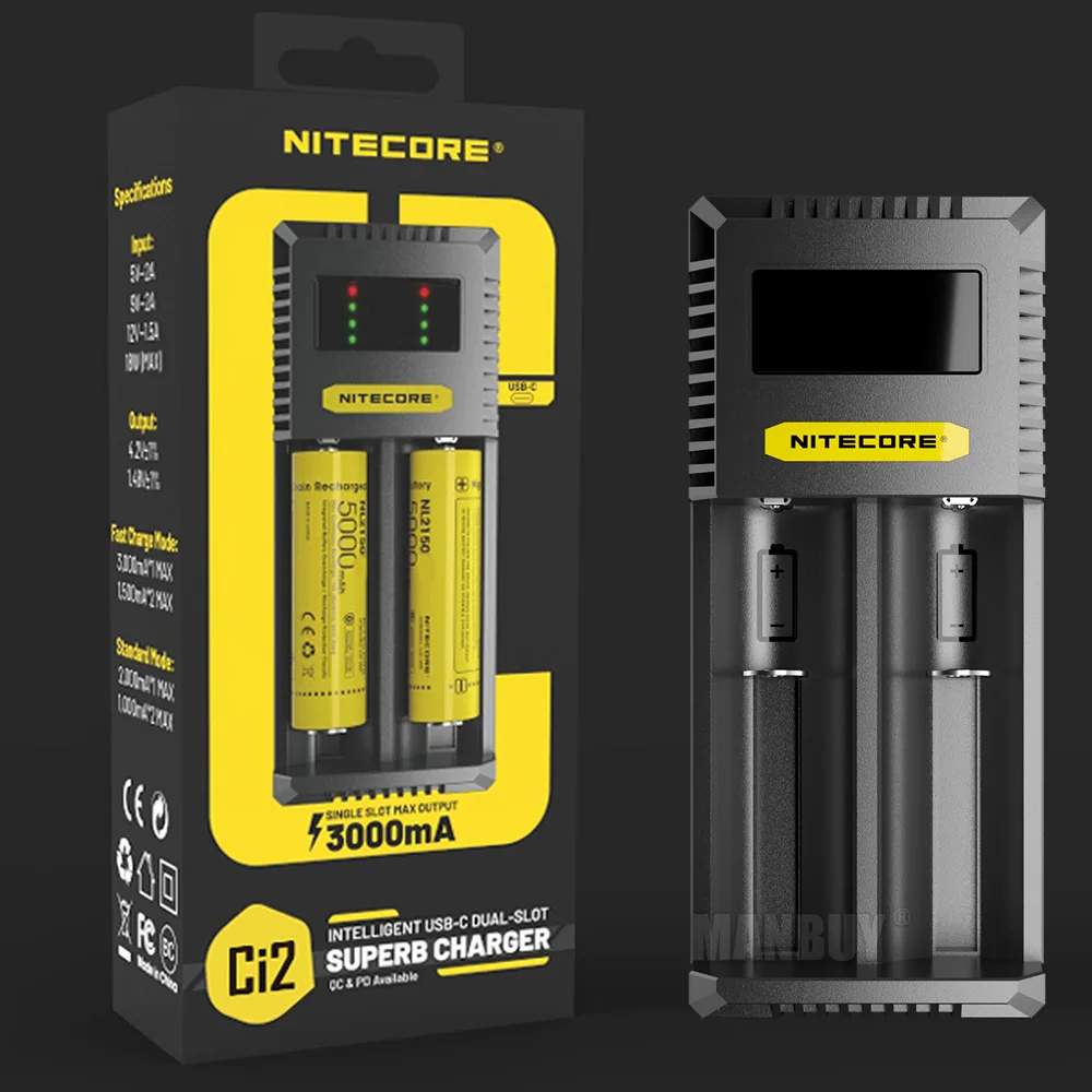 Nitecore Ci2 Dual-Slot Usb Type-C Caricabatterie Rapido Superbo Li-Ion Ni-Cd Nimh Batterie 18650 14500 Cr123 16340 26500 18350 21700 Aaa