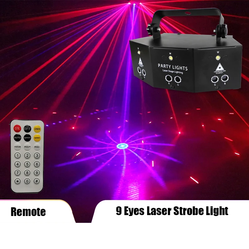 Telecomando Dj Led 9 Occhi Rgb Disco Laser Strobe Light Dmx512 Lazer Fog Machine Illuminazione Scenica Wedding Night Ktv Club